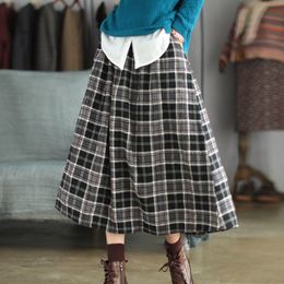 Johnature Loose Retro Plaid Pockets Elastic Waist All-match Half Skirts Autumn Winter Women Simple Comfortable Skirt 210521