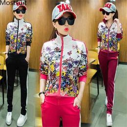 Spring Autumn Two Piece Sets Tracksuits Outfits Women Plus Size Printed Coat And Pants Casual Fashion Sport Matching 210513