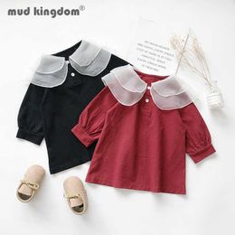 Mudkingdom Girls Solid Dress Mesh Turn-down Collar Button Long Puff Sleeve A-line Dresses for Toddler Autumn Fashion Clothes Q0716