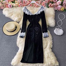 Autumn Winter Temperament Lace V-neck Dresses for Women Sexy Slim Bag Hip Black Split Velvet Dress UK545 210506