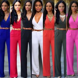 European And American Jumpsuit Women Style Buzos Overol Mujer High Waist V-neck Wide-leg Pants Suit With Belt Tuta Donna Women's Jumpsuits &