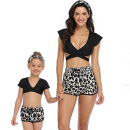 Female One Piece Mother Daughter Swimsuit Family Matching Bathing Suit Sexy Ruffle Leopard Swimwear Women Kids 210417