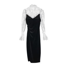 PERHAPS U Vintage Knee Length Black Sleeveless Dress + White Lace Blouse Long Flare Sleeve D2236 210529