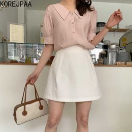 Korejpaa Women Set Summer Korean Gentle Pointed Collar Thin Micro-Transparent Short-Sleeved Shirt High-Waisted A-Line Skirt 210526