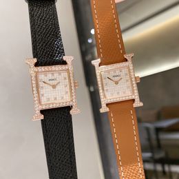 21mm 26mm Leather Women Quartz Wristwatch Square Heure Watch Full Diamond Bezel Famous Brand Cz Zircon Shell Dial Sapphire Clock