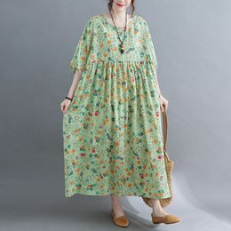 Johnature Vintage Print Flowers Summer Women Dresses Ankle-length Casual Half Sleeve O-Neck Loose Dresses 210521
