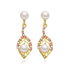Korean Women Hollow Out Leaf Dangle Earrings Alloy Pearl Crystal Tassel Ear Drop Lady Business Wind Party Gift Earring Nail Jewelry Accessories