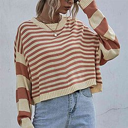 Women's Winter Clothes O-Neck Pullovers Autumn Striped Pullover Loose Knitted Sweater Short Outer Wear 210508