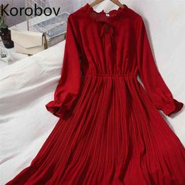 Korobov Korean Peter Pan Collar Ruffles Long Sleeve Solid Chiffon Dress New Autumn Chic High Waist Pleated Dresses Vestidos 210430