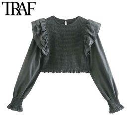 TRAF Women Sweet Fashion With Ruffle Trims Smocked Elastic Cropped Blouses Vintage Long Sleeve Female Shirts Chic Tops 210415