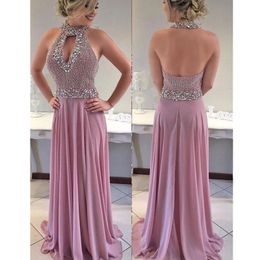 2022 New Real Image Prom Dresses High Neck Crystal Major Beading Keyhole Chiffon Open Back Long Party Formal Evening Gowns Wear