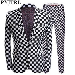 PYJTRL Fashion Suit Men Black White Plaid Print 2 Pieces Set Latest Coat Pant Designs Wedding Stage Singer Slim Fit Costume X0909