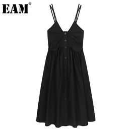 [EAM] Women Black Temperament Pleated Backless Button Sling Dress V-Neck Sleeveless Loose Fit Fashion Summer 1DD7793 21512
