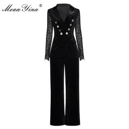Fashion Set Autumn Women Lace Long Sleeve Double breasted Suit Tops+Double bell-bottoms Velvet Two-piece set 210524