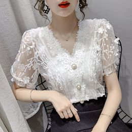 Designs Lace Tops Women Pearls V-neck Chiffon Short Sleeve Shirt flower Blouse Printed Floral Transparent Women Sexy Crop Top Bl