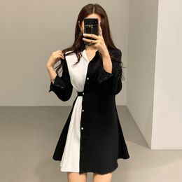 Summer Women Vintage Loose High Waist Slim Was Thin Elegant Splice Hit Colour Single-breasted mini Dress 210510