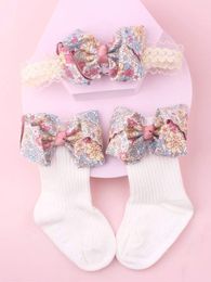 Baby Flower Pattern Bow Decor Hair Band & Socks SHE
