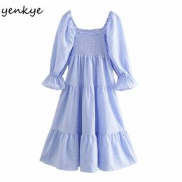 Summer Women Blue Plaid Dress Female Sexy Square Neck With Belt Robe Femme Midi Casual Holiday Party Dresses 210514