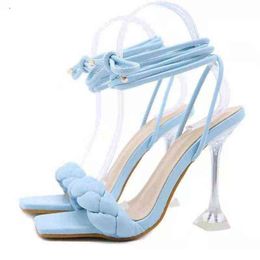 Large high-heeled shoes for women in summer, woven winding thin high-heeled sandals and women's slippers