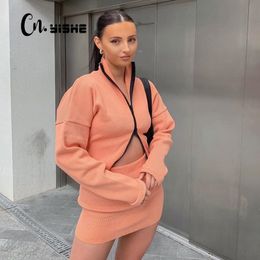 CNYISHE Winter Ribbed Knitted Casual Zipper Two Pieces Set Women Tracksuit Long Sleeve Crop Top And Bodycon Mini Skirt Sets Suit 210419