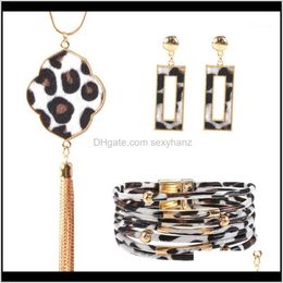 & Necklace Sets Jewelryleopard Jewelry Set For Women Leopard Leather Bracelet Teardrop Dangle Earrings Long Tassel Pendant Necklace1 Drop De