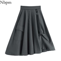 Nbpm Women Chic Fashion With Grey Pleated Midi Skirts Irregular Loose Comfortable Hemline Preppy Style Spring Summer 210529