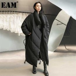[EAM] Loose Fit Black Long Down Jacket Stand Collar Sleeve Warm Women Parkas Fashion Autumn Winter 1DD1640 211018
