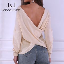 Jocoo Jolee Elegant V Neck Batwing Loose Sweater Autumn Long Sleeve Criss Cross Knitted Sweaters Casual Solid Tops Pullover 210518