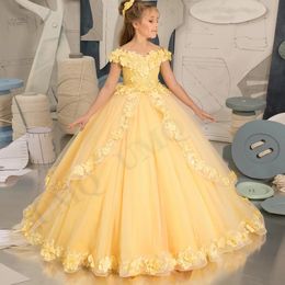 New Yellow Off spalla fiore ragazza vestito piega compleanno abiti da festa di nozze costumi prima comunione alta qualità trasporto di goccia