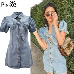 Celebrity Style Bow Hollow Out INS incon sexy Denim mini Dress V-neck Single Breasted Puff Sleeve Summer Dresses 210421