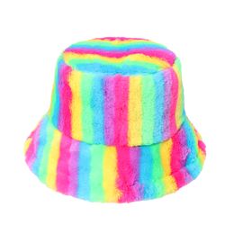 Outdoor Faux Fur Multicolor Rainbow Striped Bucket Hats Women Soft Warm Gorros Mujer Winter 2021