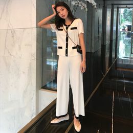 Summer Women Knit Sweater and 2pcs Clothing Ladies Short Sleeve Fake Pocket Pullover Top + Broad-legged Pants Set 210416