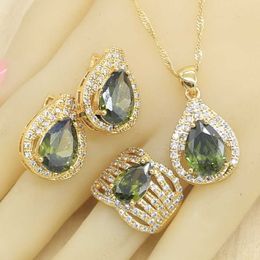 Olive Green Zircon Gold Colour Jewellery Sets for Women Hoop Earrings Necklace Pendant Rings Free Gift Box H1022