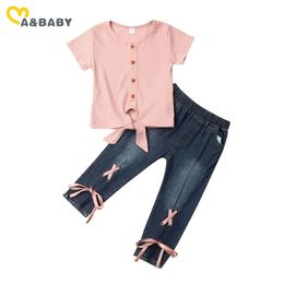 1-5Y Summer Toddler Kid Girls Clothes Set Bow Knitted T shirts Bandage Denim Pants Jeans Outfits 210515