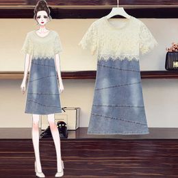 XL-5XL plus size women fashion lace denim dress Summer short sleeve o neck lace Patchwork casual female dresses vestido 210604