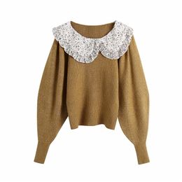 Sweet Women Peter Pan Collar Sweater Fashion Ladies Floral Print Pullover Streetwear Female Causal Loose Tops 210427