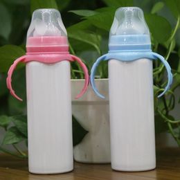 8oz Blank Sublimation Baby Feeding Sippy Bottle Pink Blue Double Wall Vacuum Nipple Handle Unbreakable Sublimation Bottle DHL FY4693 0222