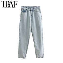 TRAF Women Chic Fashion Side Pockets Straight Jeans Vintage High Waist Zipper Fly Denim Female Ankle Trousers Mujer 210415