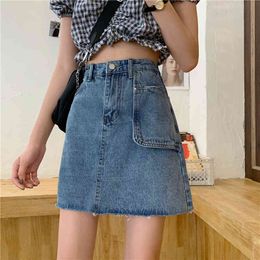 Jeans Skirts Denim Summer High Waist A- line Women Casual Blue Solid Pocket Slim Mini 600A 210420