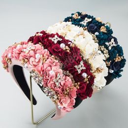 Fashion Women Headband Wide Side Baroque Flower Hairband Luxurious Rhinestone Hair Band Pearls Hair Accessories