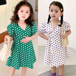 Girls Dress Kid Clothes Polka Dot Printing Puff Sleeve Princess Summer V-neck Children's 210515