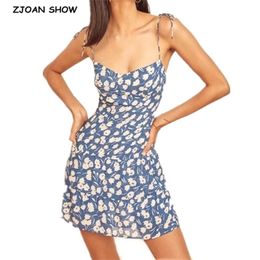 Sexy French Adjust Spaghetti Strap Women Mini Dress Back Elastic Ruched Blue White Floral Print Dresses Party 210429