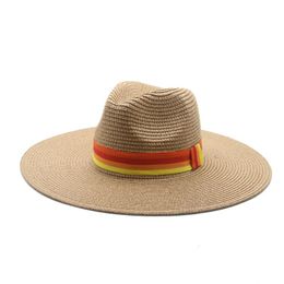 mens outdoor straw hats UK - Straw Hats Men Women Solid Wide Brim 11cm Belt Band Striped Red Blue Black Sun Summer Spring Outdoor Casual Beach