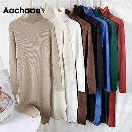 Aachoae Solid Knitted Long Dres Autumn Winter Turtleneck Long Sleeve Sweater Dress Lady Split Loose Casual Dress Vestidos 211221