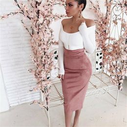 Skirts Suede Midi Pencil Long Skirt For Women Elegant High Waist Slit Bandage Sexy Streetwear Autumn Winter Party Clothes Office