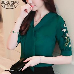 Chiffon Office Lady Shirt Blouse Short Sleeve Summer Women Tops Plus Size Embroidery Women's Clothing Blusas 0029 30 210415