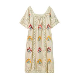PERHAPS U White Khaki Women Lace Embroidery Loose Dress Slash Neck Short Sleeve Knee Length Vocation Summer Floral D1218 210529