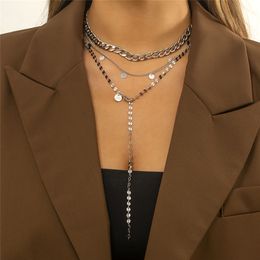 Vintage Punk Round Sequin Pendant Choker Necklace Women's Neck Chain Multilayer Long Tassel Link Aesthetic Jewellery Gift