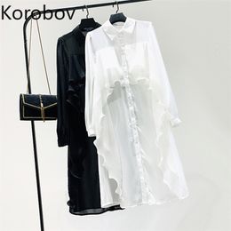 Korobov Vintage Solid Long Sleeve Women Dress Korean Streetwear High Waist Dresses Summer Ruffles New Vestidos 210430