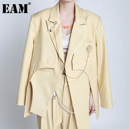 [EAM] Women Big Size Stripe Irregular Blazer Lapel Long Sleeve Loose Fit Jacket Fashion Spring Autumn 1DD6005 210930